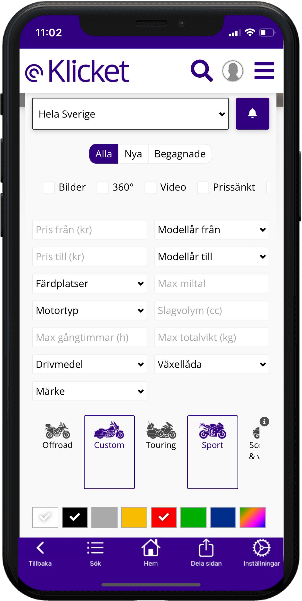 Mobile app interface displaying filters and search results for a purple bicycle.