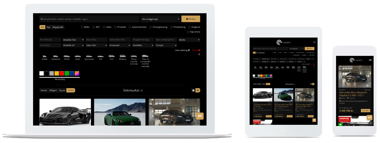 Website displayed on laptop, tablet, and phone screens, showing car listings. Dark theme with gold accents.