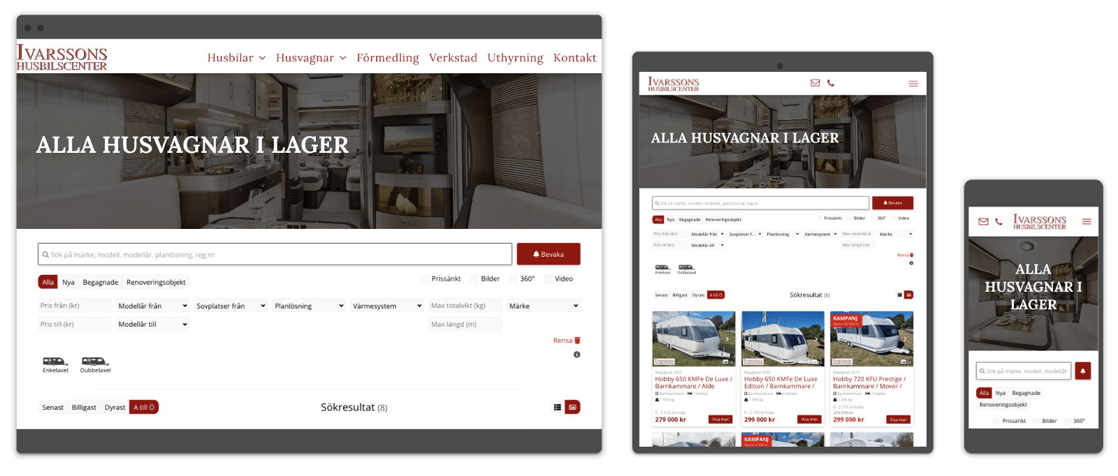 Websites displayed on a desktop, tablet, and mobile, with a header that reads 