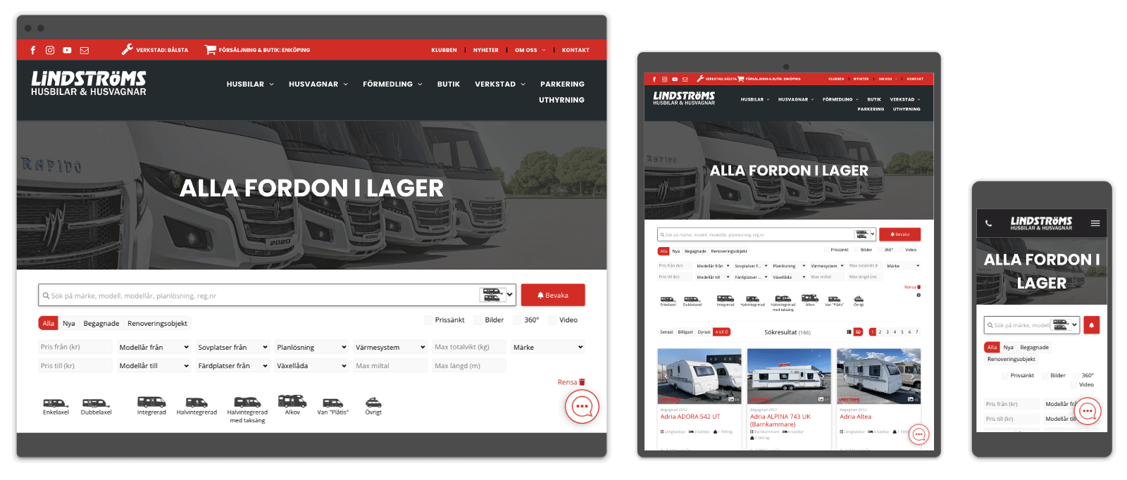 Website displayed on desktop, tablet, and mobile devices, showing RV inventory.