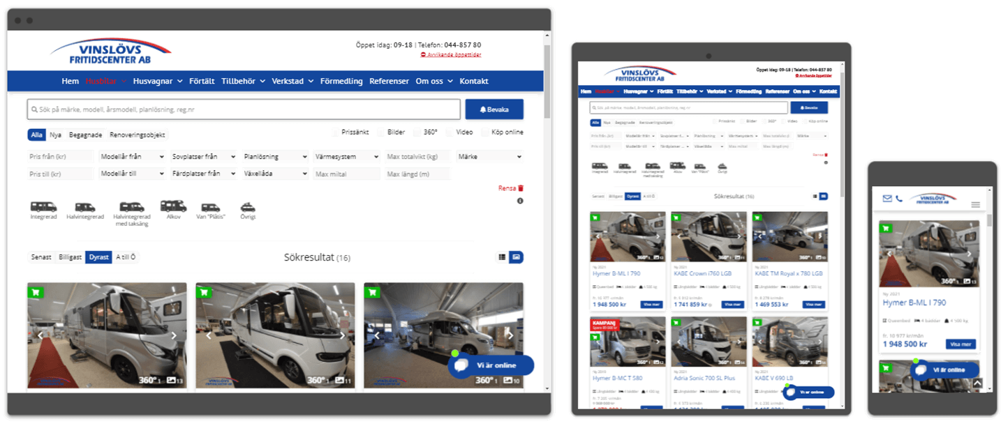 Three devices displaying a website: a desktop, tablet, and smartphone showcasing RV listings.
