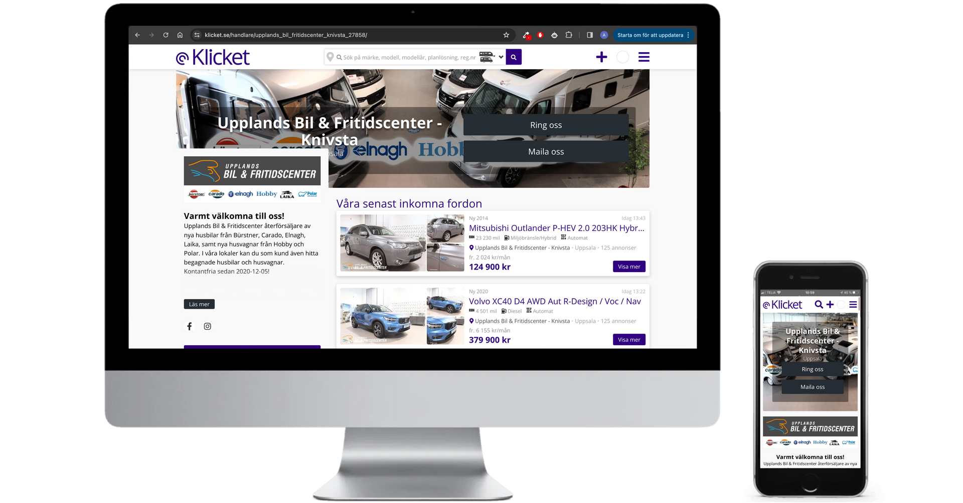 Website displayed on a desktop computer and a mobile phone; the website is for a vehicle dealership.