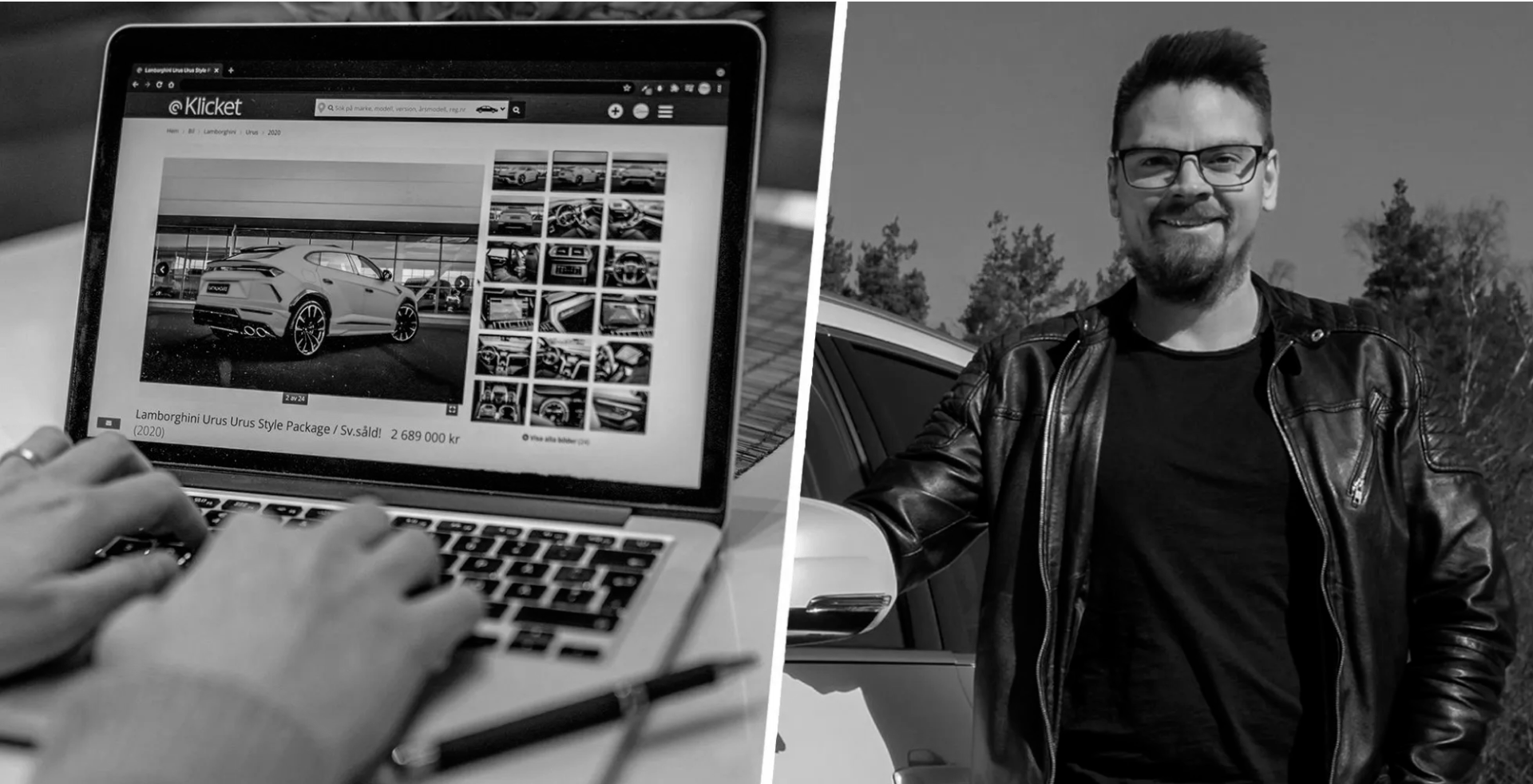 Man on right smiles near car; laptop displays car photos, hands typing.
