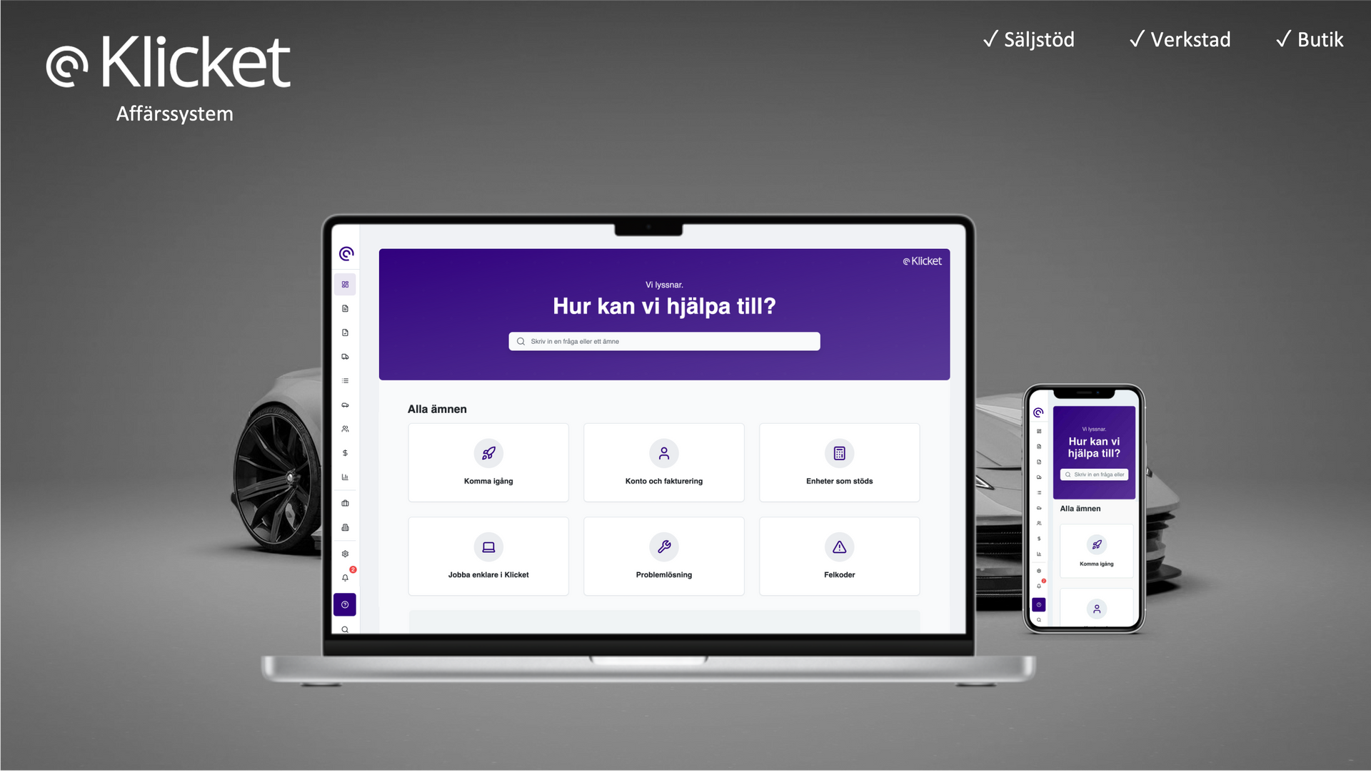 @Klicket website interface displayed on a laptop and smartphone, with purple and white UI, set against a grey background.
