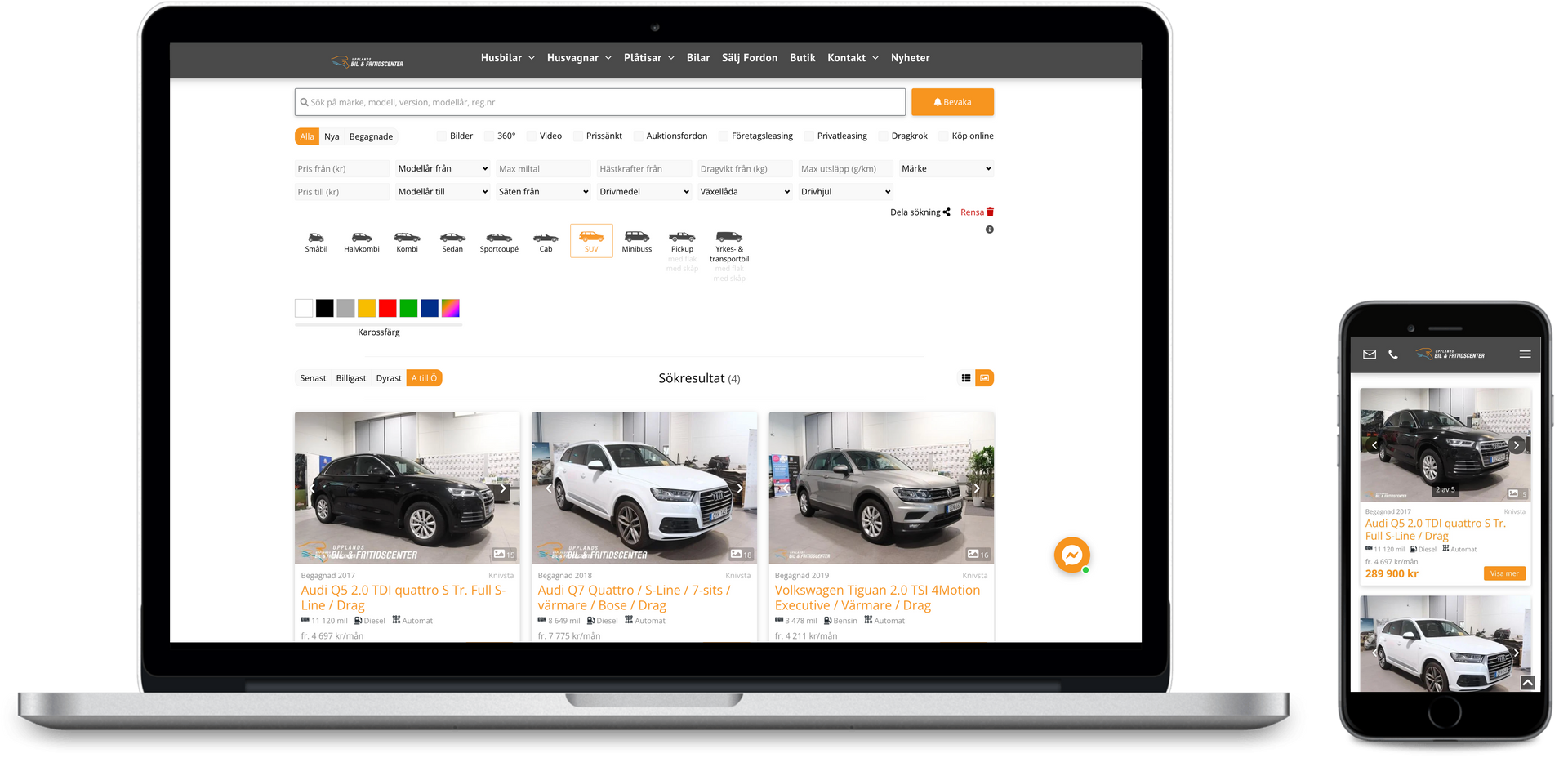 Laptop and phone showing a car sales website with car listings.