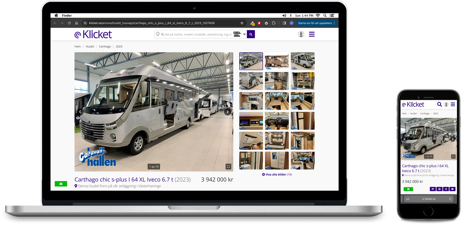 Laptop and smartphone screens display a website selling a large vehicle; many images are visible.