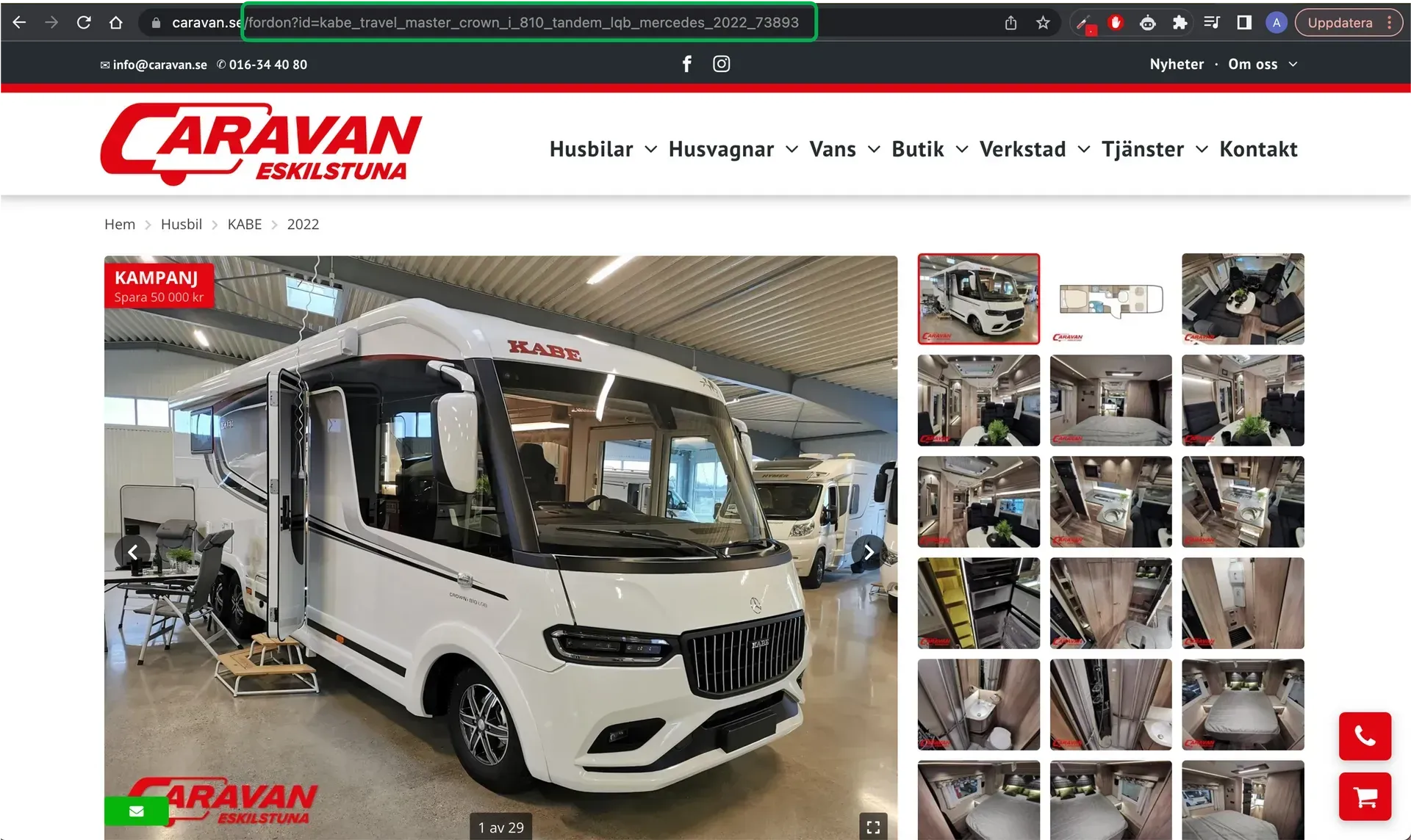 White motorhome with open door on display in a showroom, images in a gallery to the right.