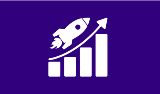 White rocket soaring upward, over a growing bar graph on purple background.