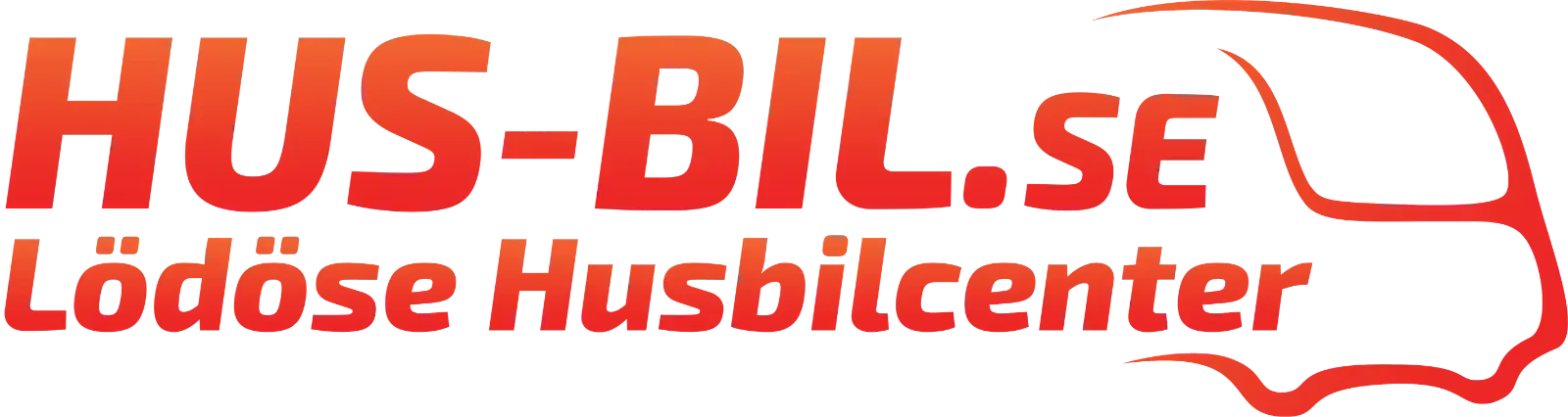 Logo for Hus-Bil.se, Lödöse Husbilcenter, red text and camper outline.