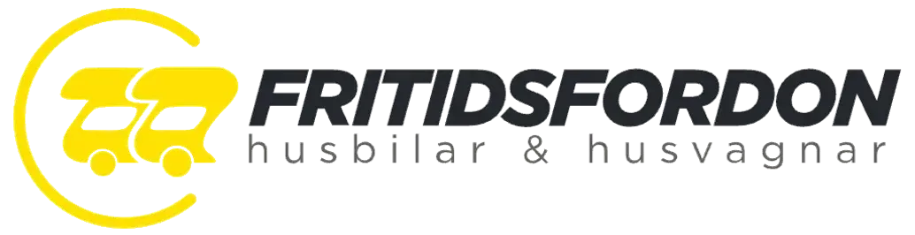 Logo of FRITIDSFORDON, with two yellow RVs inside a yellow circle and text below.