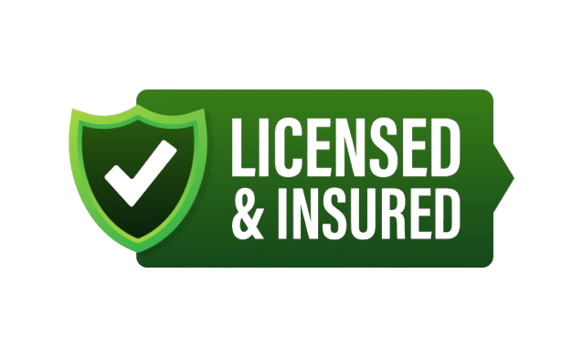 A green sign that says licensed and insured with a check mark on it.