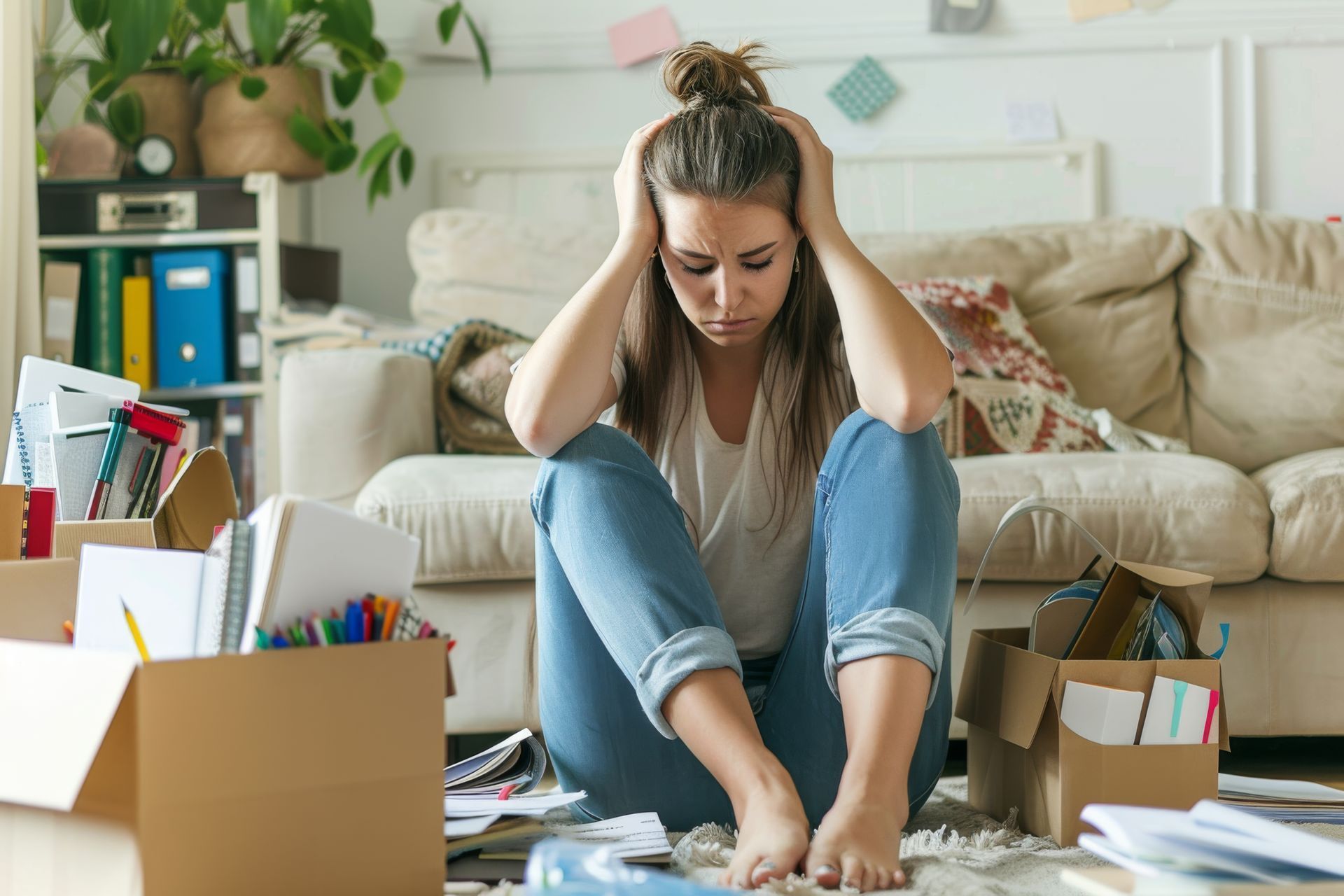 Woman sitting on the floor among boxes, holding her head in a cluttered living room during a move.