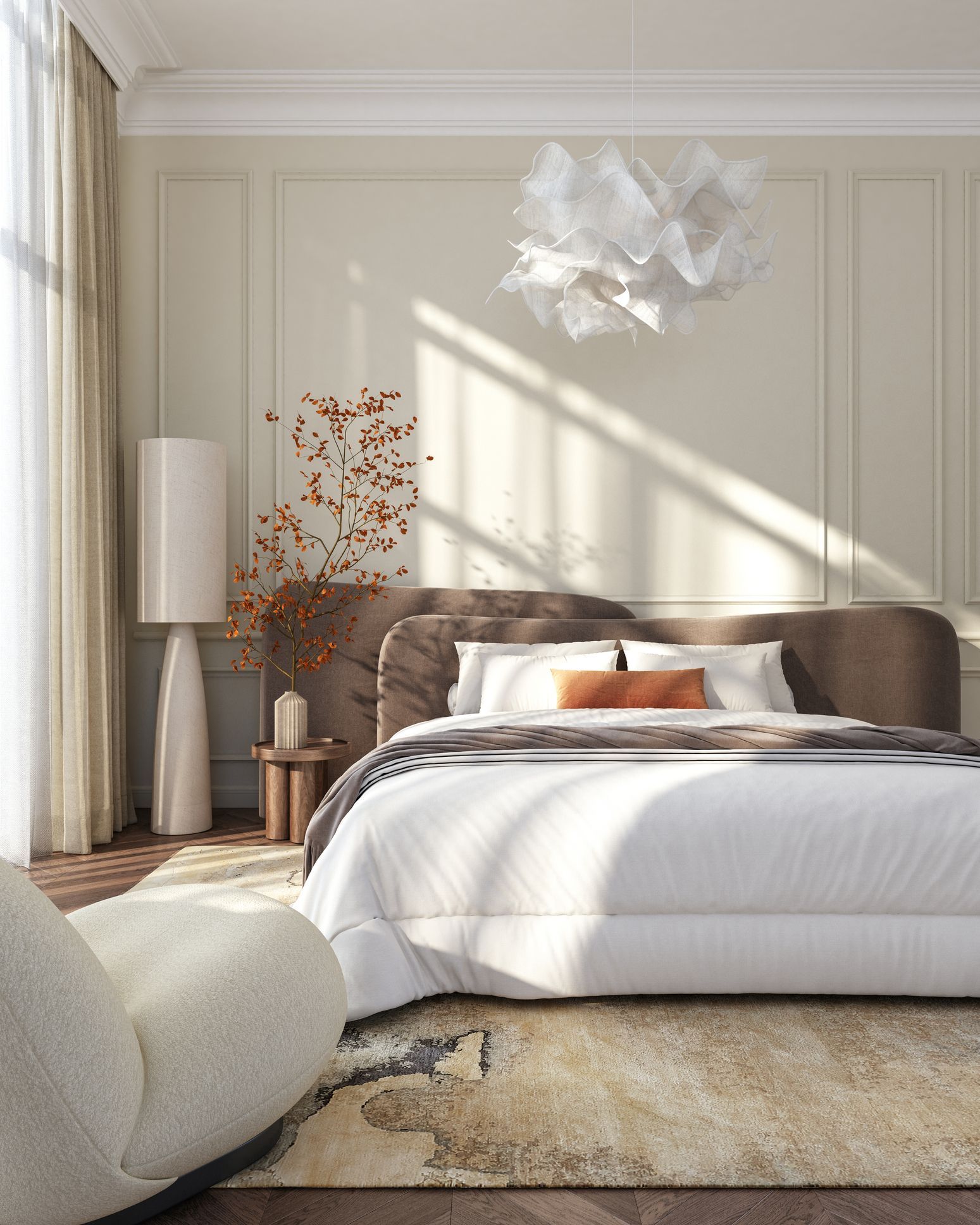 Accogliente camera da letto con letto, lampada da terra e poltrona. La luce del sole filtra attraverso il letto.