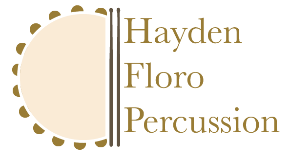 Hayden Floro Percussion logo with tan circle and brown text on white background