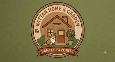 Round logo for “Rattan Home & Garden,” showing a brown house, tree, and “Santee Favorite” ribbon.
