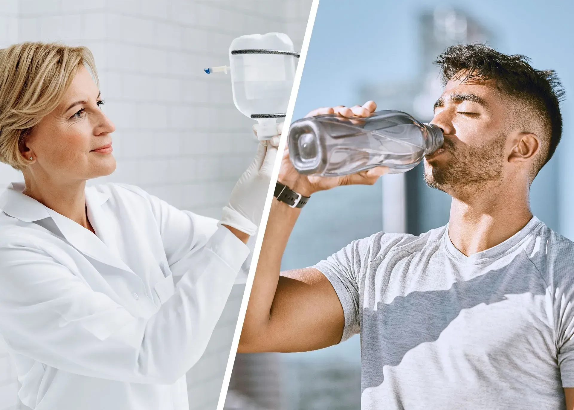 Woman with IV hydration beside a man drinking water from a bottle
