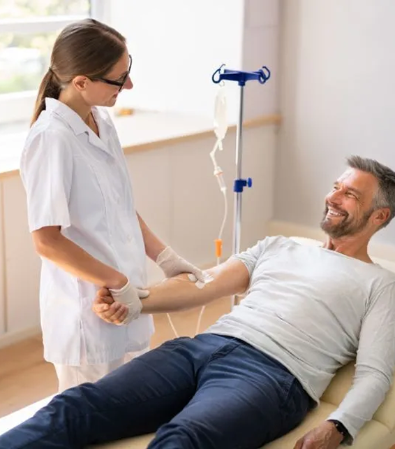 Nurse setting up an IV drip for a smiling patient
