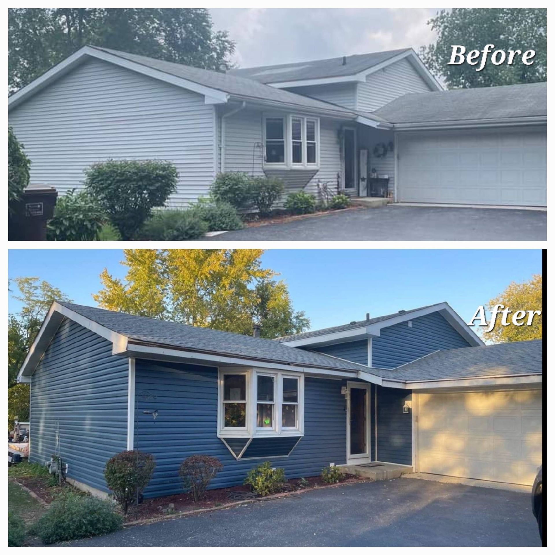 Before-and-after view of a house exterior painted from gray to blue with updated trim.
