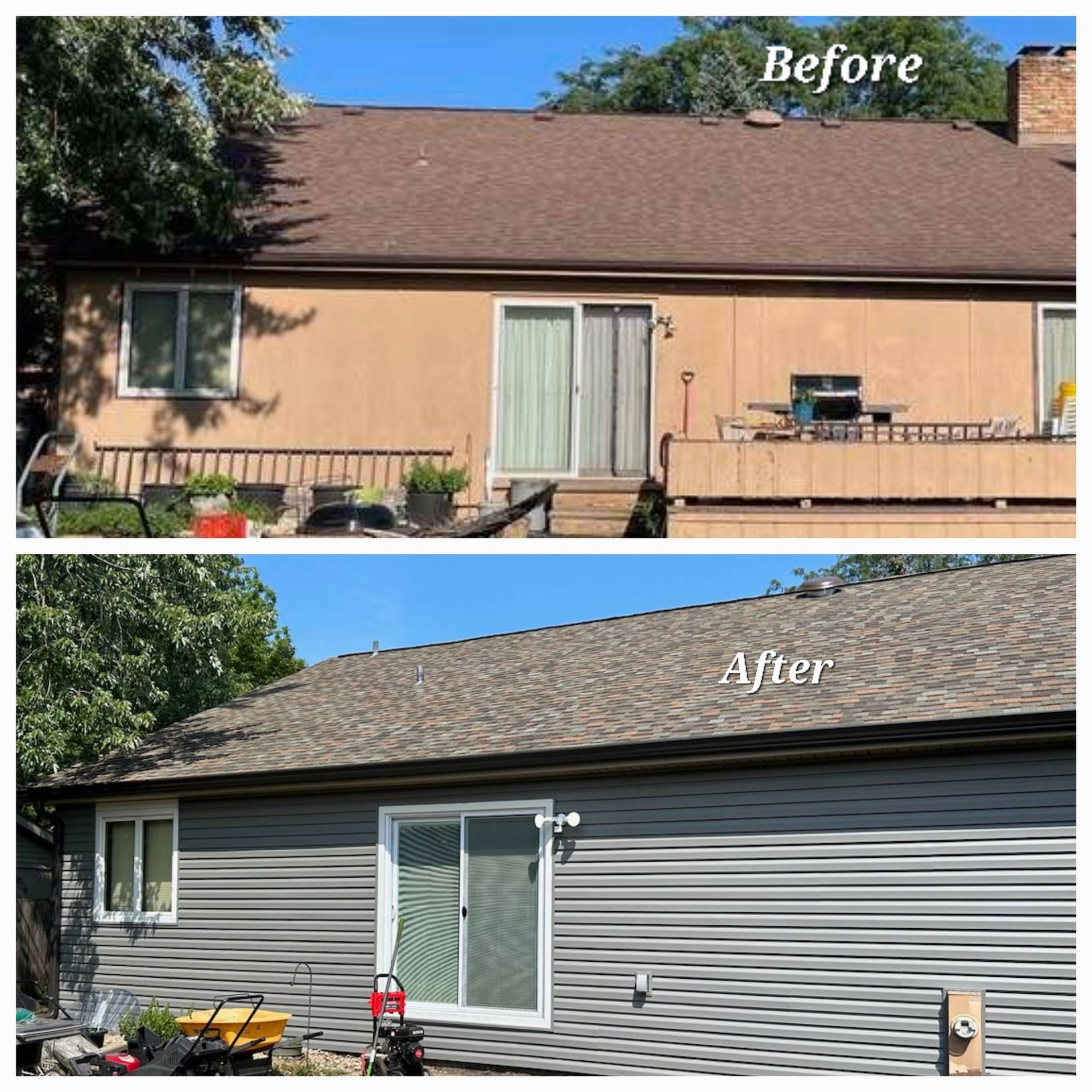 Before-and-after exterior of a house: tan siding changed to gray with white trim and sliding door.