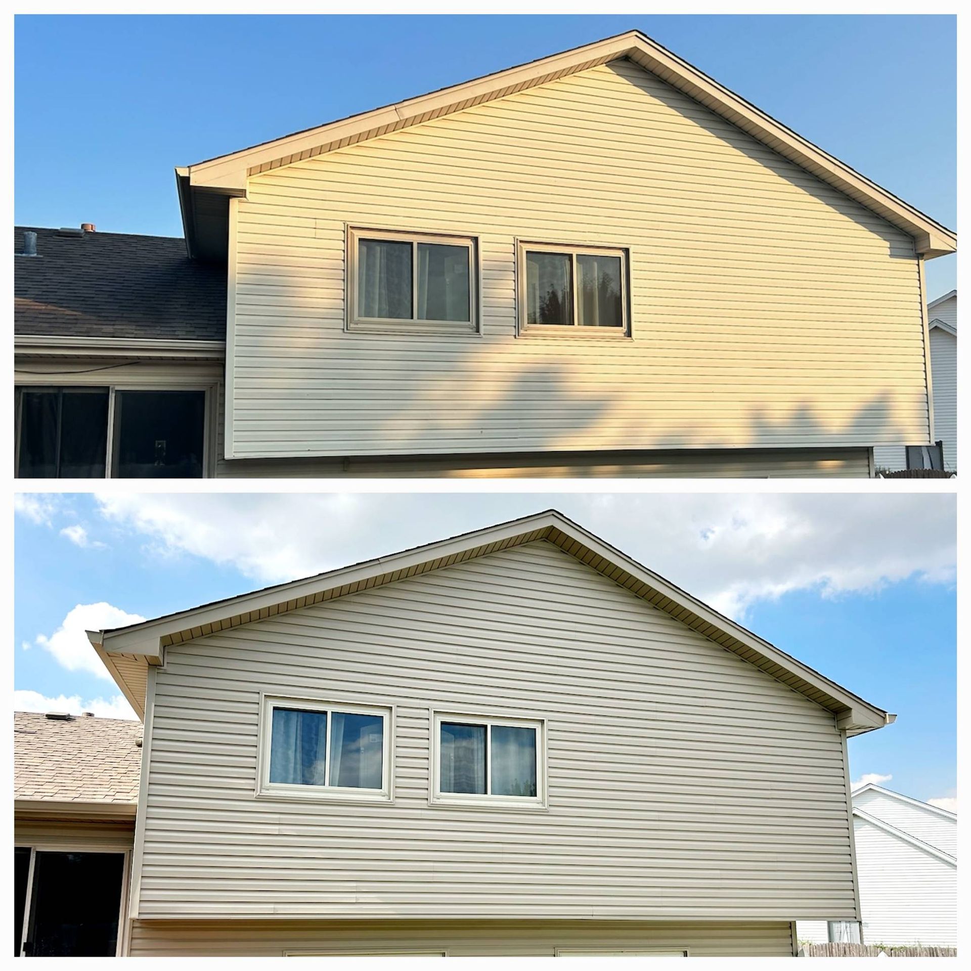 Two exterior views of a beige house with vinyl siding and two windows under a blue sky