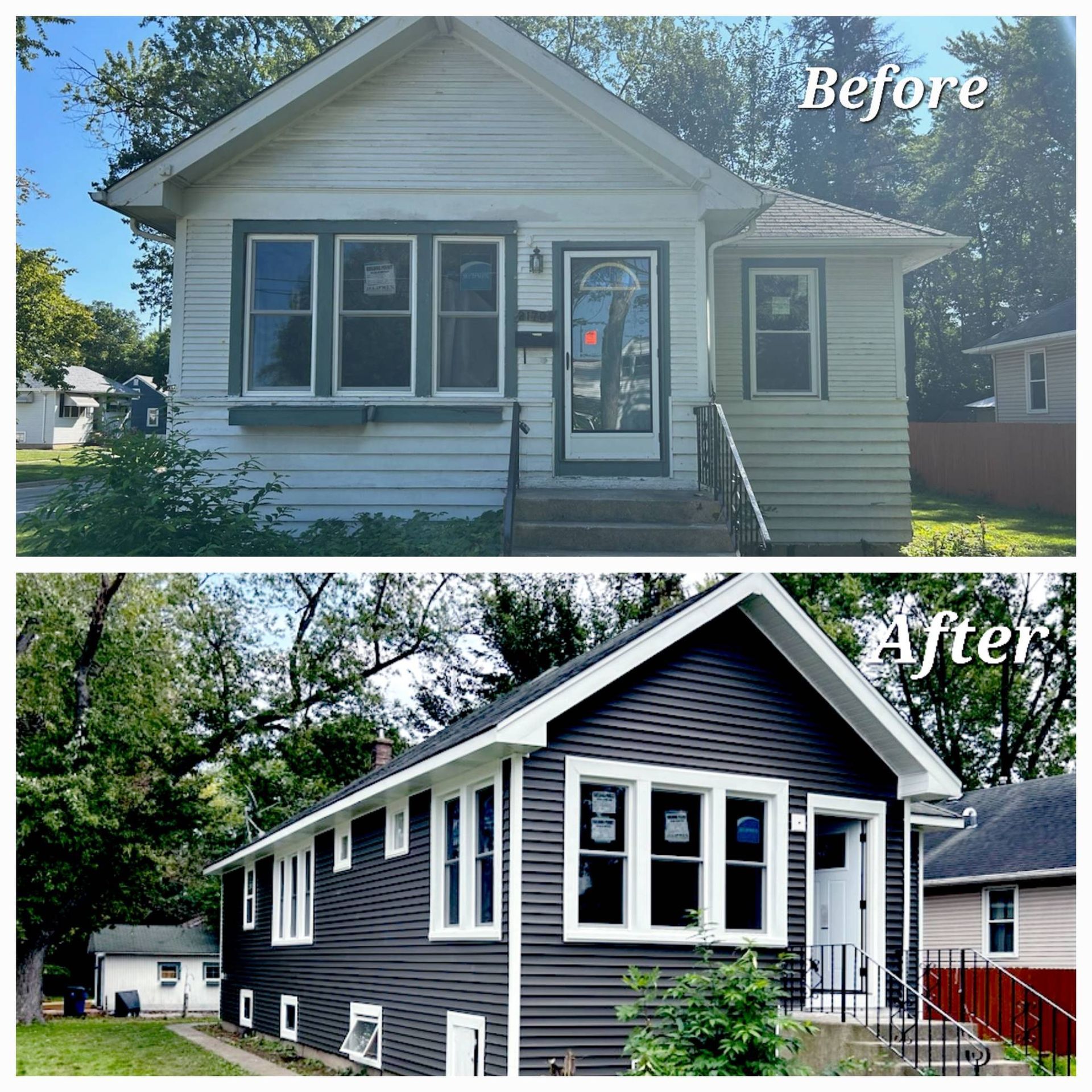 Before-and-after of a house exterior renovation, showing a white home transformed to dark gray with black trim.