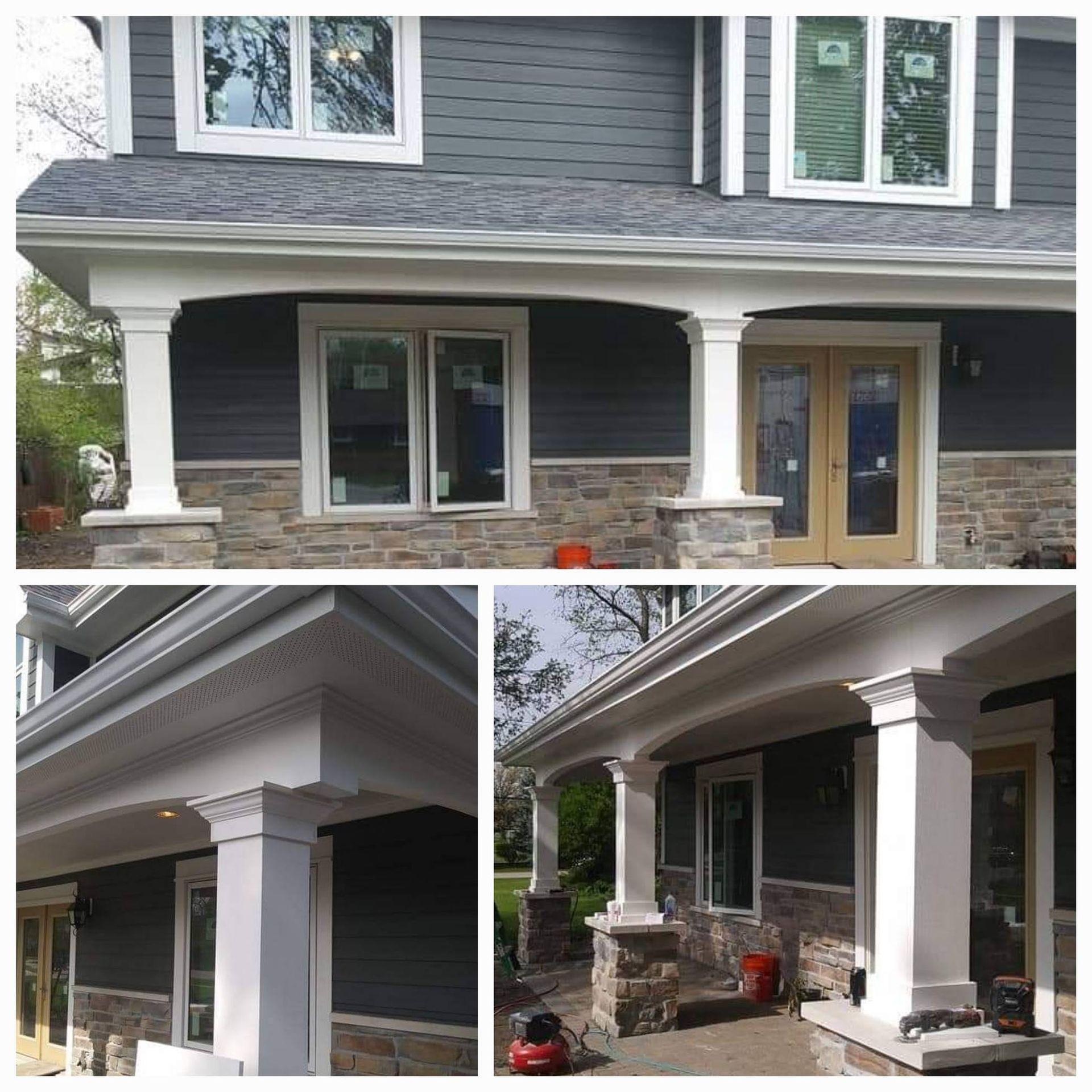 Three views of a house porch with gray siding, white columns, and stone bases