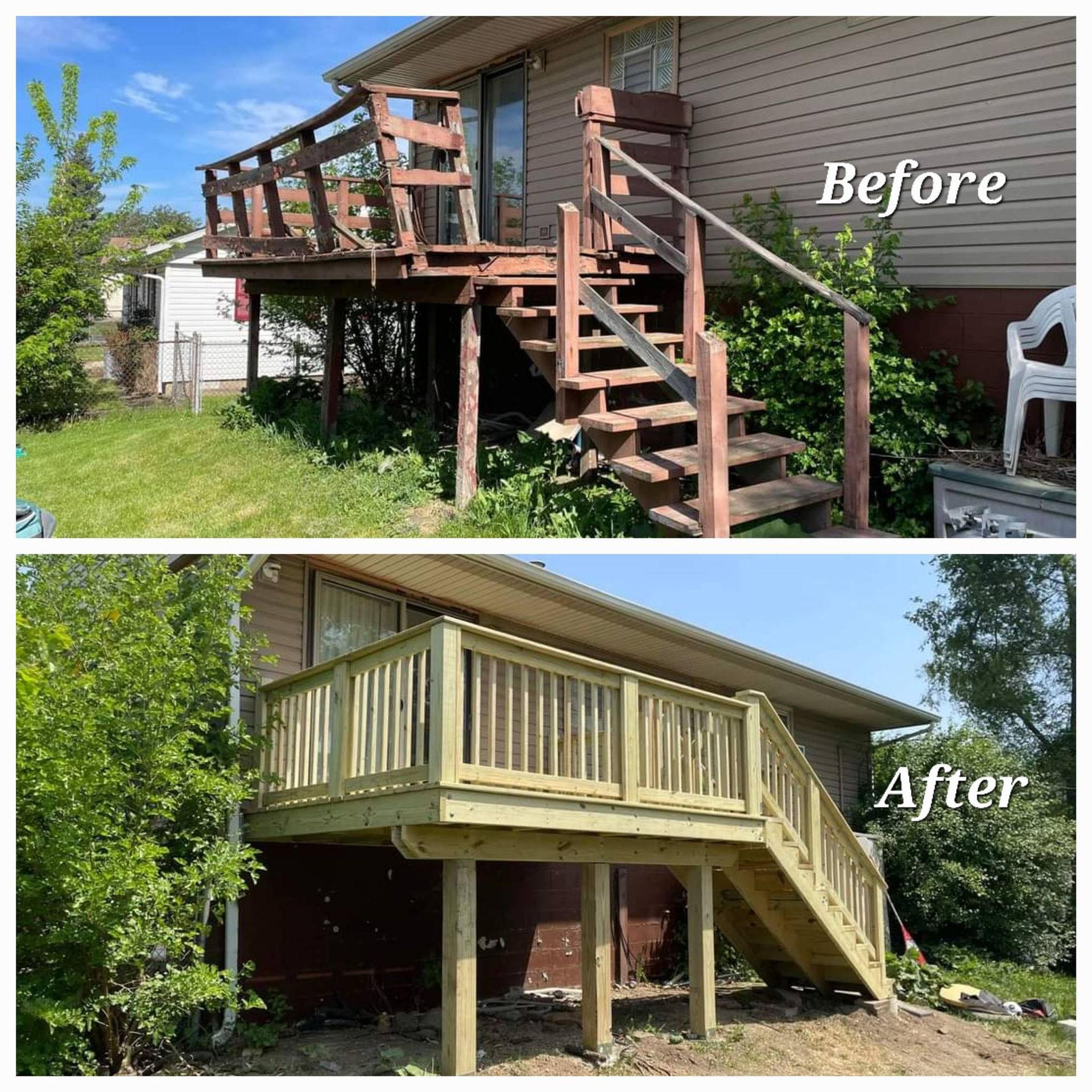 Before-and-after of a porch deck repair: old wooden stairs and deck replaced with a new tan railing and supports.