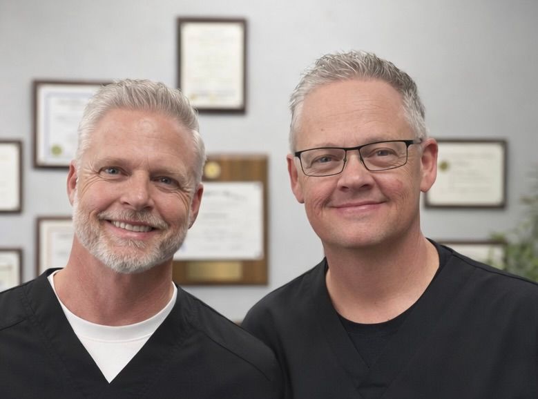 Two smiling professionals in dark scrubs stand side-by-side in an office with framed certificates on the wall.