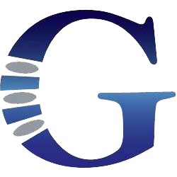 A stylized letter G in shades of blue, featuring a series of gray and blue horizontal segments on the left side.