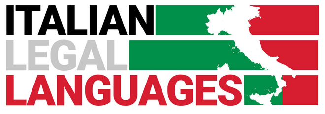 Italian Legal Languages logo with red and white text over the Italian flag silhouette in green, white, and red