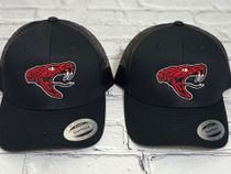 Black trucker caps with embroidered team mascot logo