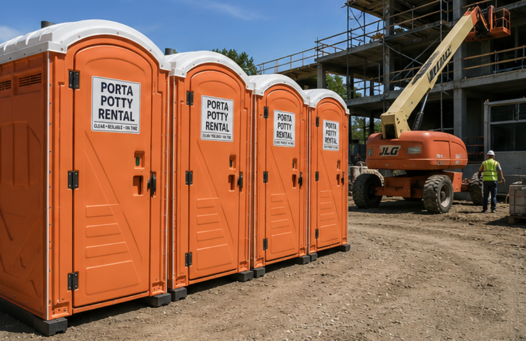 Orange portable toilets at a construction site with a lift and workers in the background
