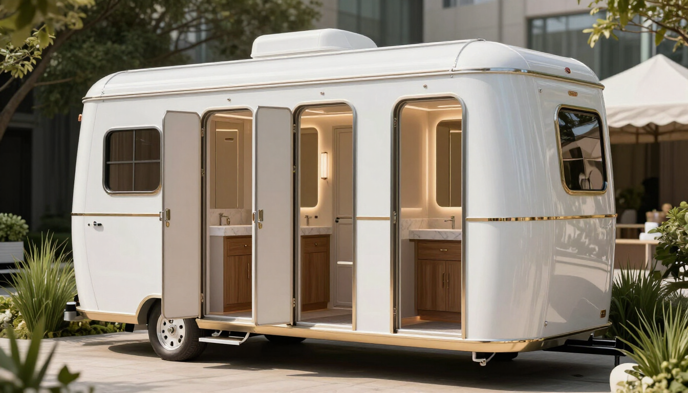 White luxury travel trailer with open doors and warm interior, parked outdoors among trees and tents.