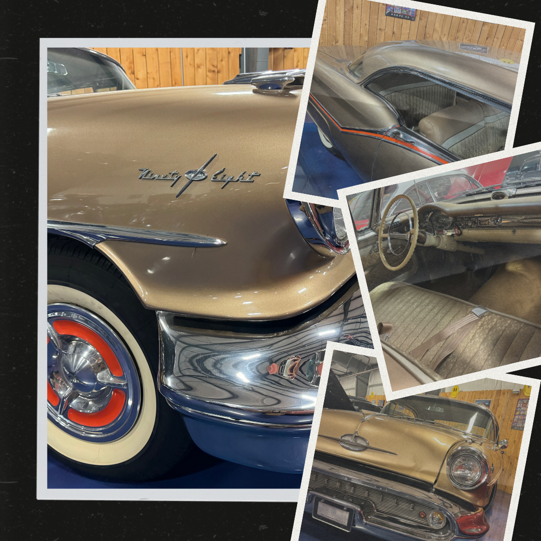 Classic tan and chrome car, close-up of the front. Details of the interior and exterior are shown in smaller frames.