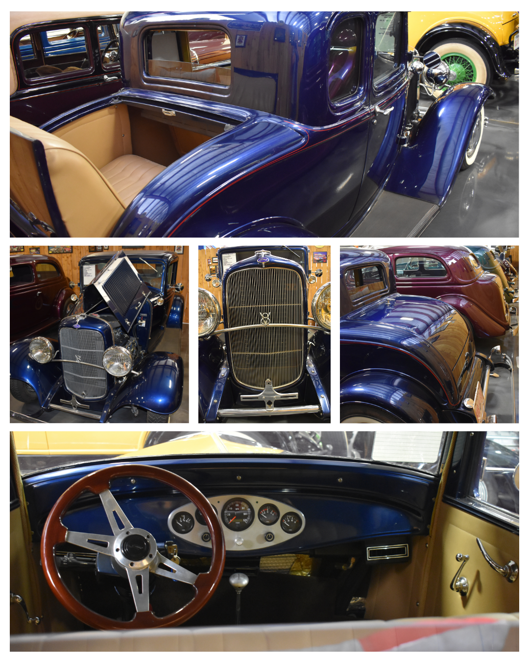 Collage of a classic blue car interior and exterior, including steering wheel, grille, and body details.