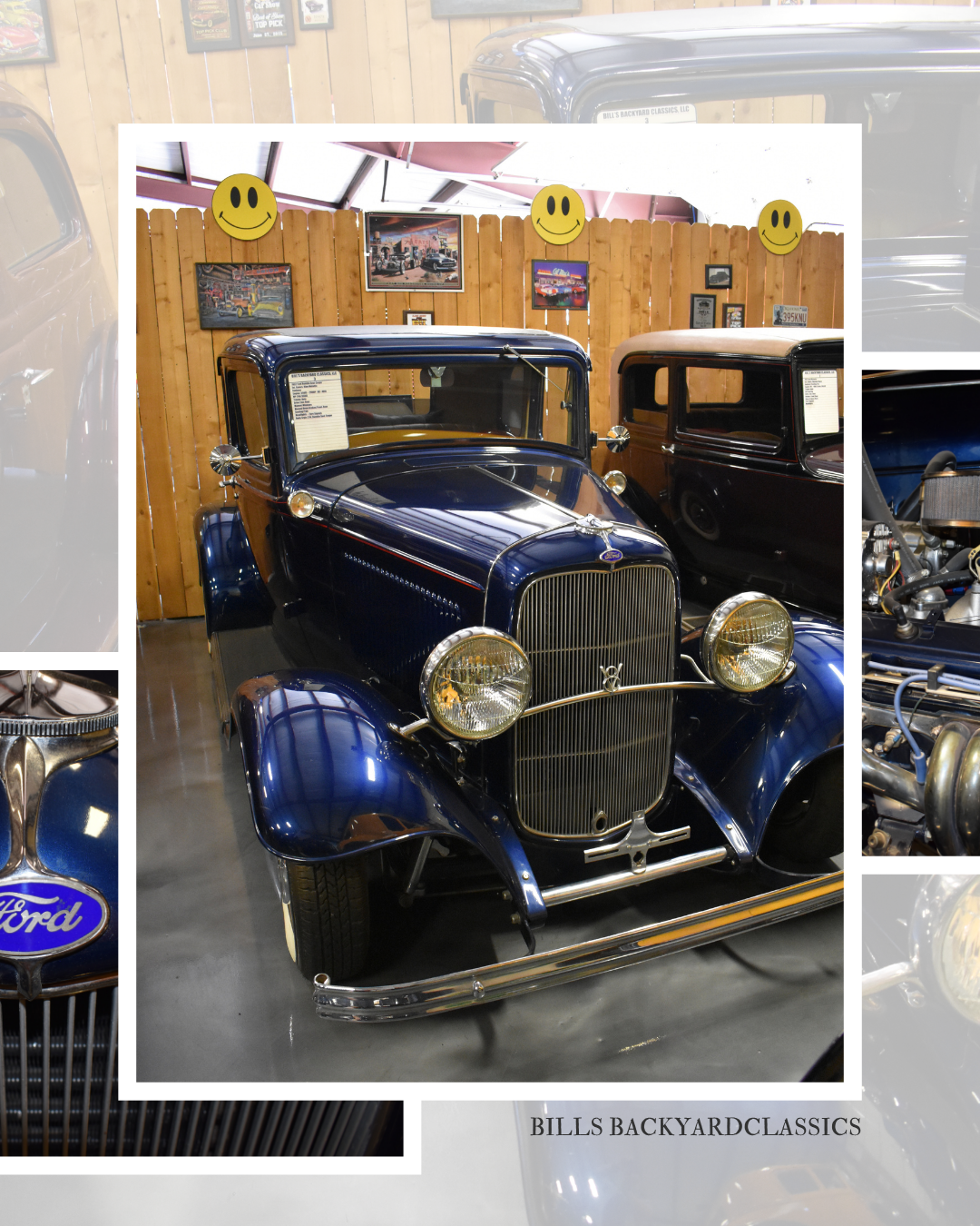 Blue vintage car at a car show, with shiny chrome accents.
