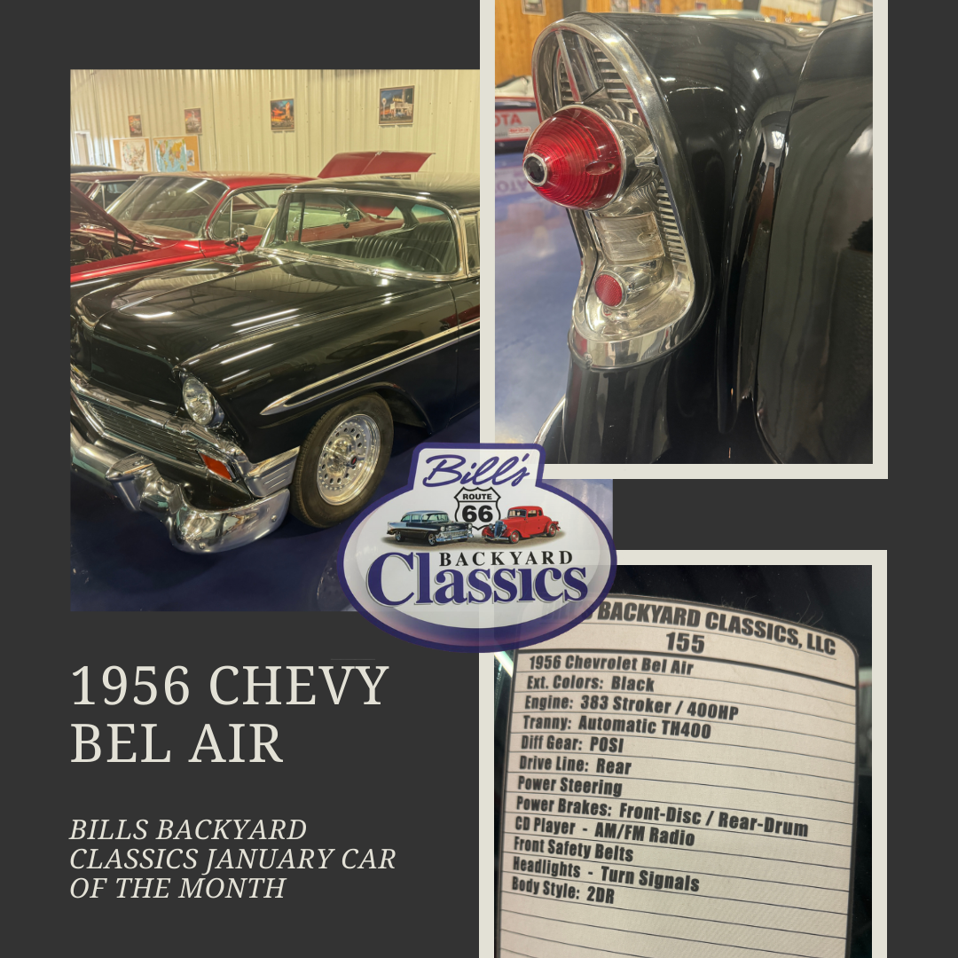 Black 1956 Chevy Bel Air car. Photo collage includes details about the car's features.