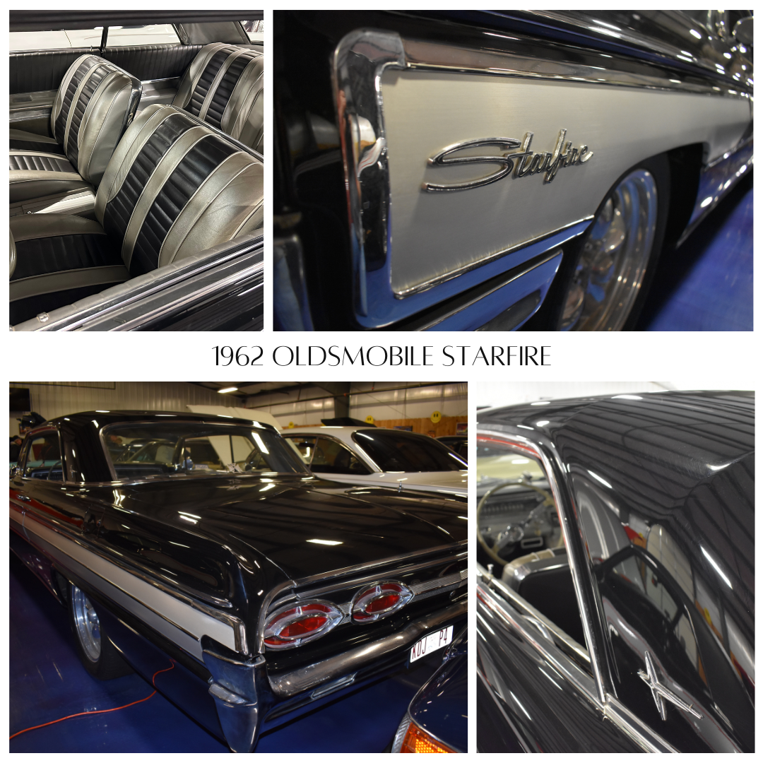 Collage of a black 1962 Oldsmobile Starfire. Details: interior seating, side panel badge, exterior with chrome trim.