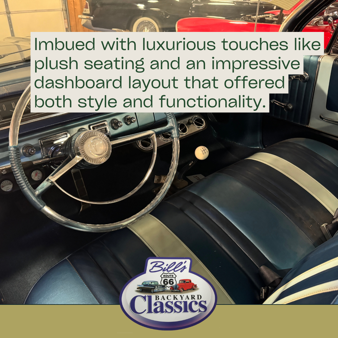 Interior of a classic car with blue and gray seating and dashboard. Bills Backyard Classics logo.