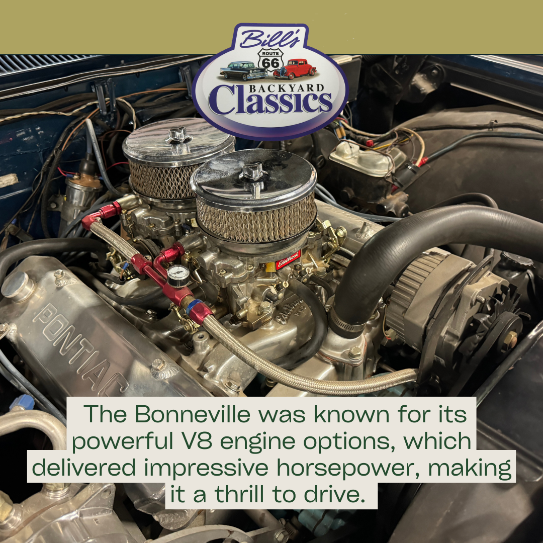 Close-up of a Pontiac Bonneville engine with dual carburetors, text: 