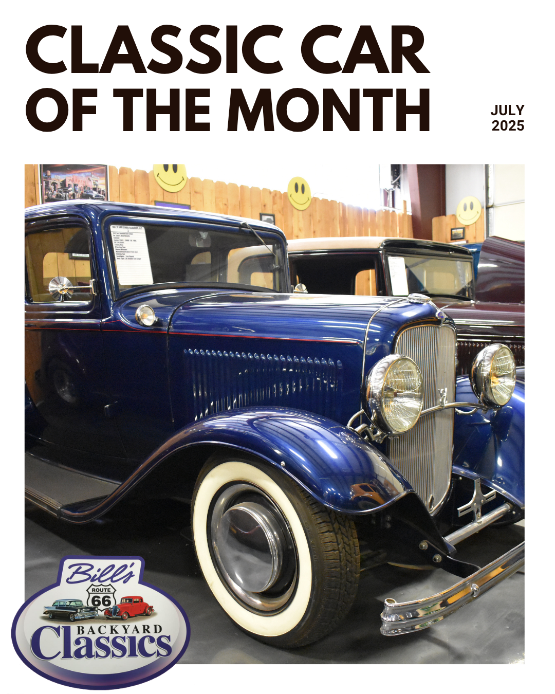 Classic blue vintage car with white-wall tires, title 