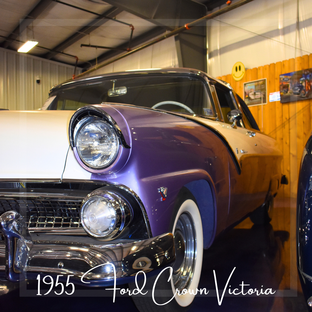1955 Ford Crown Victoria, two-tone purple and cream, chrome details, white-wall tires, parked indoors.