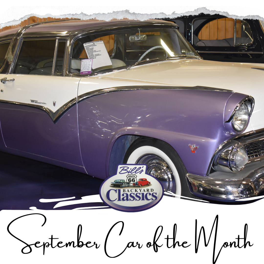 White and purple classic car. September Car of the Month featured at Bill's Backyard Classics.