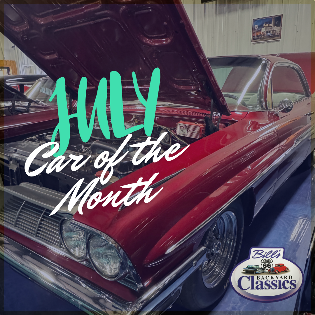Red classic car with open hood, July Car of the Month graphic.