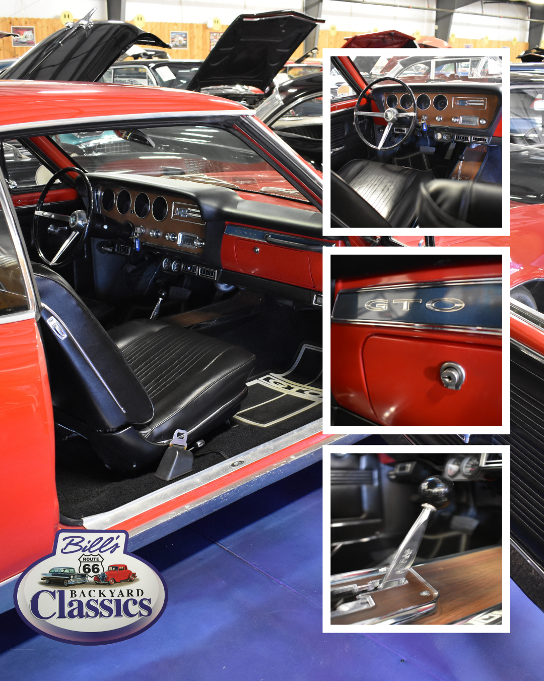Red classic car interior with detailed inset views of steering wheel, body, and gear shift.