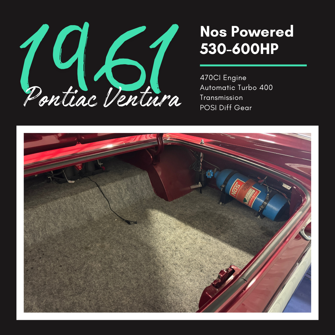1961 Pontiac Ventura with nitrous oxide system in the trunk, red paint, engine details listed, dark interior.