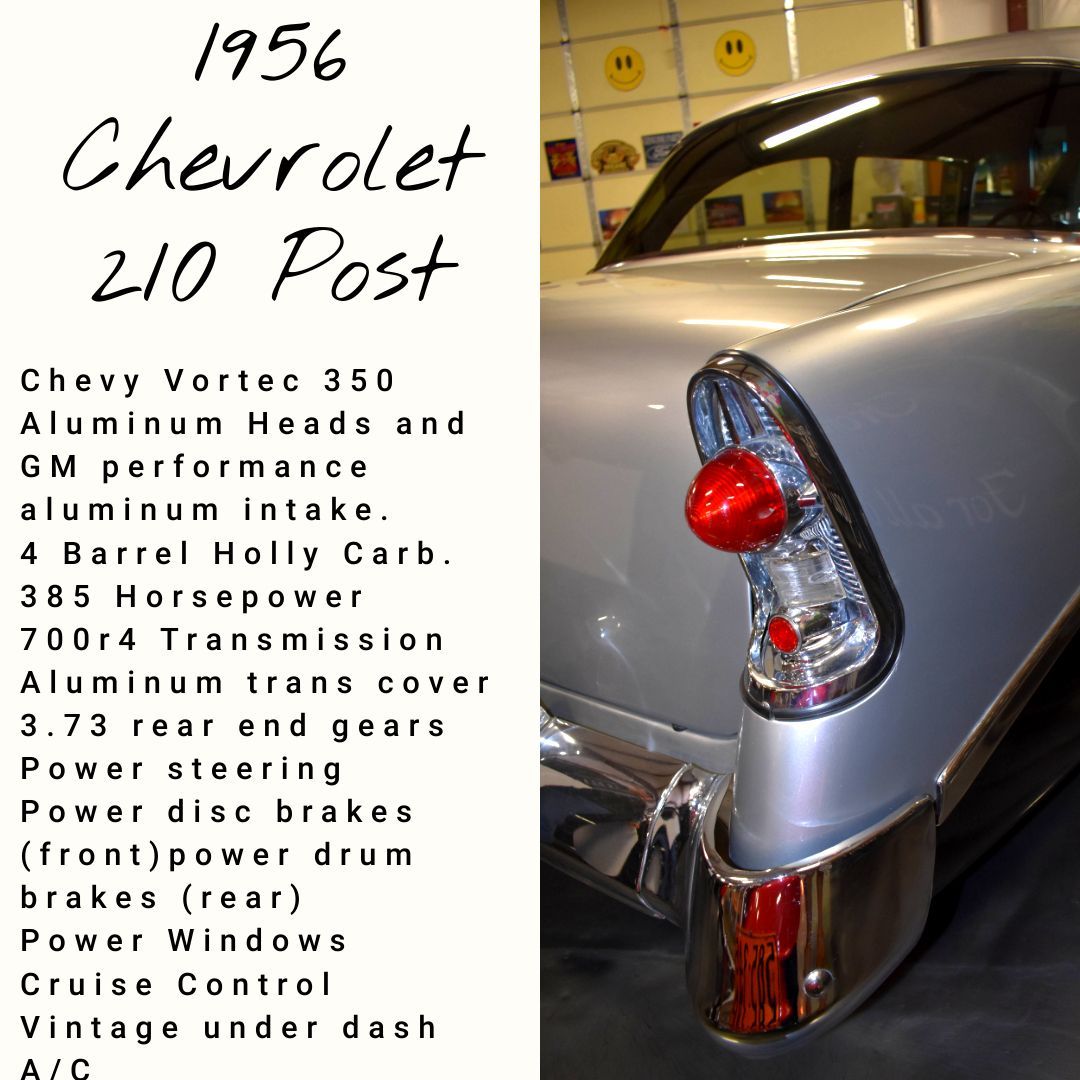 Silver 1956 Chevrolet 210 Post car's rear, with text listing engine specs and features on left side.