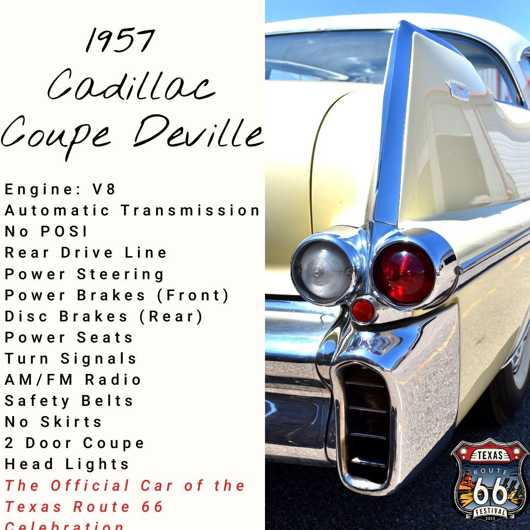 1957 Cadillac Coupe DeVille.  Yellow and white car rear.  Details: V8 engine, power steering, radio, Texas Route 66.