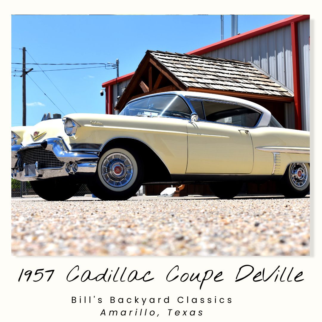 Yellow 1957 Cadillac Coupe DeVille, parked on gravel, with red and white building in background. Amarillo, Texas.