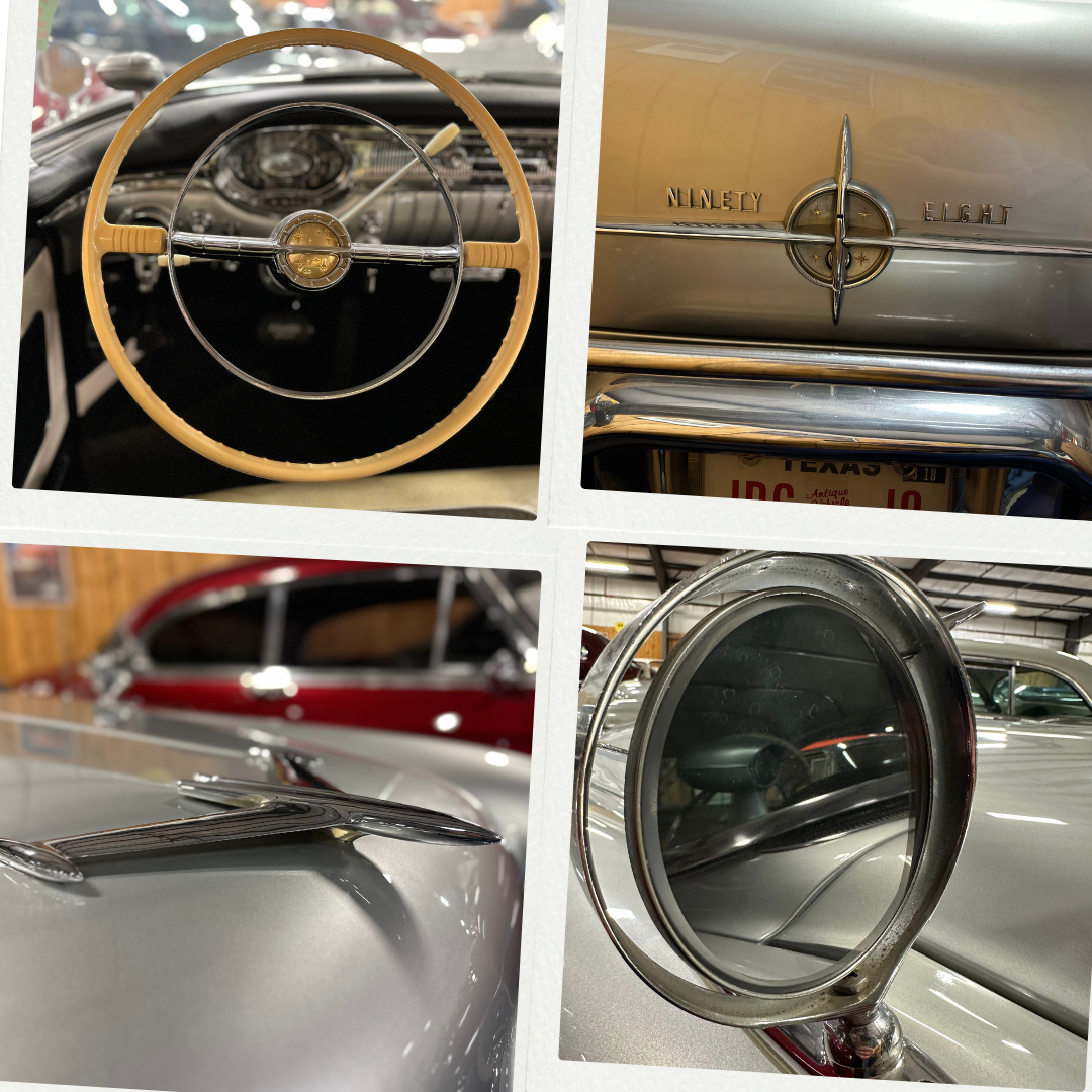 Close-up details of a classic silver car: steering wheel, hood emblem, side mirror, and 